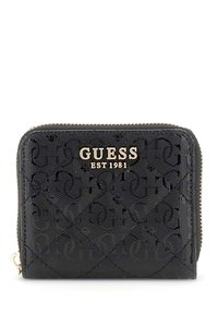 Portefeuille noir zippé en matériau texturé, présentant un motif embossé, des garnitures dorées et le texte du logo "GUESS EST 1981" sur le devant.
