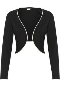 Čierny skrátený cardigan s dlhými rukávmi, ktorý má kontrastný biely lem okolo goliera a otvoru. Vyrobený z mäkkej, hladkej tkaniny.