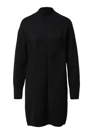 Schwarzes Strickkleid mit hohem, geripptem Kragen, langen Ärmeln und lockerem Sitz. Verfügt über Seitenschlitze am Saum und eine strukturierte Stoffqualität.