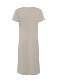 Šaty s krátkymi rukávmi a dĺžkou po kolená vyrobené z jemnej šedej jersey látky. Majú okrúhly výstrih a voľný strih s rovnou siluetou.