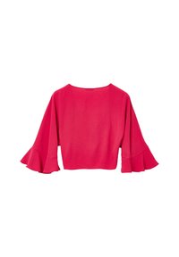 Top corto rosa con maniche ampie e volant, caratterizzato da una texture liscia. Il retro presenta un colletto arrotondato e una vestibilità morbida.
