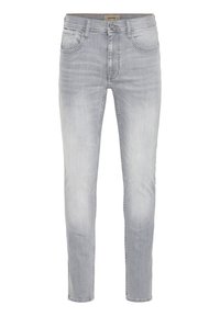 Jeans en denim gris clair avec une coupe slim. Comprend cinq poches, passants pour ceinture et un léger effet délavé. Couture classique le long des coutures.