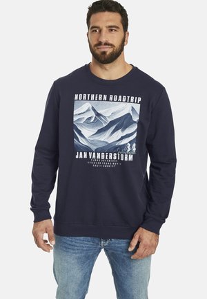 Navy blue sweatshirt with long sleeves, featuring a graphic of mountain landscapes and text. Soft material, round neckline, ribbed cuffs and hem.