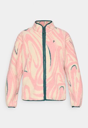 Veste polaire avec un motif tourbillon rose et crème, dotée d'un col montant, d'une fermeture éclair frontale et d'un bord contrastant de couleur bleu sarcelle.