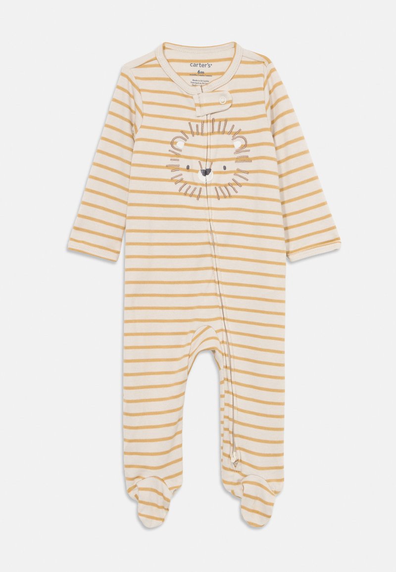 Stripet onepiece med gule og hvite striper, et løveansikt-design på brystet og trykknapp-lukking ved halsen. Laget av myk stoff.