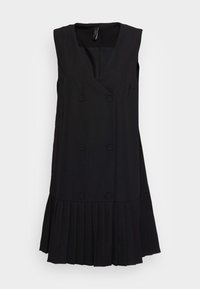 Abito nero senza maniche con scollatura a V, davanti doppiopetto e gonna plissettata. Realizzato in tessuto liscio con due bottoni sul busto.