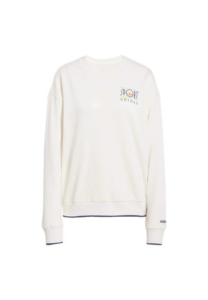 Hvid sweatshirt med rund hals, ribbede manchetter og kant. Har et multicolor "Sport Adidas" logo på brystet og marineblå detaljer.