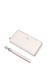Bílá kožená peněženka s růžovým šitím, stříbrným logem a odnímatelným popruhem. Obdélníkový design se hladkým povrchem a zipovým uzavřením.