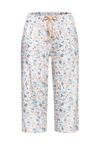 Lightweight, cotton pajama pants with an elastic waistband and drawstring. Features a colorful, abstract dot pattern in blue, gray, and peach.