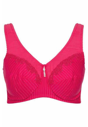 Reggiseno fucsia con spalline larghe, decorazioni in pizzo floreale sui coppe, righe verticali e una cerniera decorativa accentuata da piccole perline.