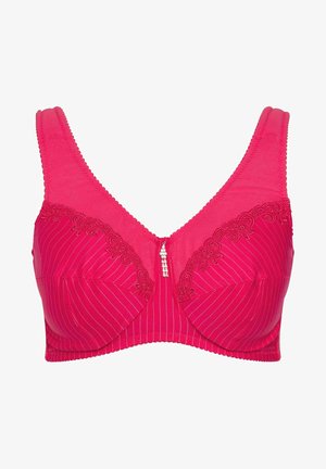 Fuchsia beha met brede bandjes, bloemenkant details op de cups, verticale streepjes en een decoratieve rits versierd met kleine kraaltjes.