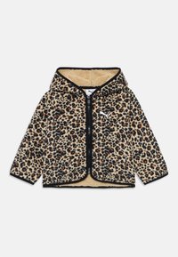 Lekettrykt fleece-hettegenser med frontglidelås og beige sherpa-fôr, med Puma-logo på brystet.