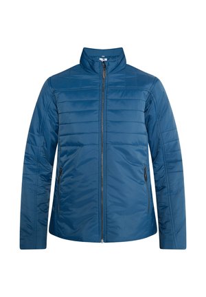 Sininen eristetty takki, jossa on pystykaulus, vetoketjusulku ja kaksi etuvetoketjupussia; sileä pinta, jossa on ommeltuja paneelitietoja.