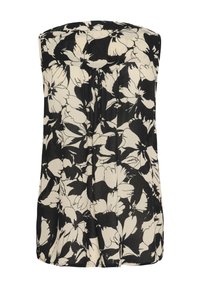 Top sans manches noir et crème à fleurs, avec un design sans bretelles, un tissu texturé, des plis et un éclat subtil.