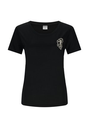Schwarzes Baumwoll-T-Shirt mit Rundhalsausschnitt. Verfügt über ein kleines, detailliertes Emblem auf der linken Brustseite. Kurzärmlig, ohne Muster.