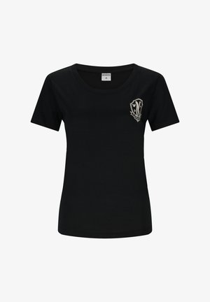 Zwarte katoenen t-shirt met een ronde hals. Bevat een klein, gedetailleerd embleem op de linkerkant van de borst. Korte mouwen, geen patronen.