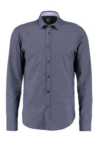 Granatowa koszula z długim rękawem, zapinana na guziki, z subtelnym wzorem w kratę, kołnierzykiem typu point oraz mankietami zapinanymi na jeden guzik.
