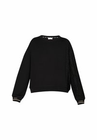 Felpa nera con maniche lunghe e leggermente a sbuffo. Un lato presenta un materiale nero lucido e strutturato. Collo e polsini a costine con logo del brand.