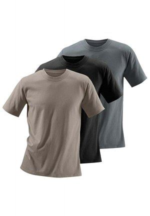 Three short-sleeve t-shirts in taupe, black, and dark gray. Made of cotton, featuring a round neck and a smooth texture. No patterns.