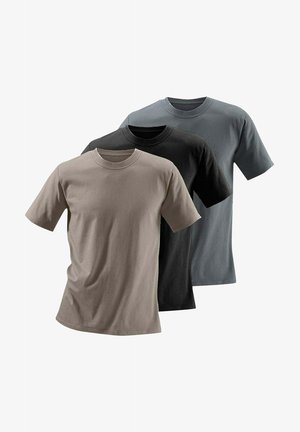 Three short-sleeve t-shirts in taupe, black, and dark gray. Made of cotton, featuring a round neck and a smooth texture. No patterns.
