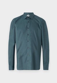 Chemise boutonnée en teal foncé en tissu texturé, avec un col classique, des manches longues et des détails imprimés avec des boutons noirs.