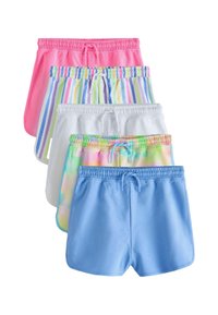 Set di cinque paia di pantaloncini in rosa, bianco a righe, bianco tie-dye, azzurro chiaro e blu tinta unita. Tutti con vita elasticizzata.
