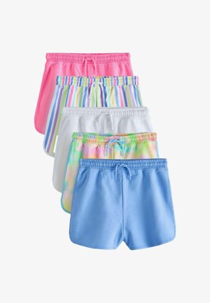 Set de cinci perechi de pantaloni scurți în roz, alb cu dungi, alb cu tie-dye, albastru deschis și albastru solid. Toate au talie elastică.