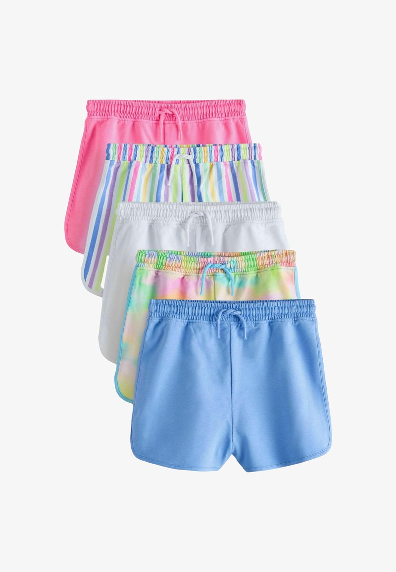 Set di cinque paia di pantaloncini in rosa, bianco a righe, bianco tie-dye, azzurro chiaro e blu tinta unita. Tutti con vita elasticizzata.