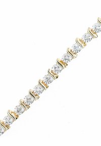 Auksinis apyrankė su apvaliais skaidriais akmenimis, kurie keičiasi su aukso akcentais. Lygus paviršius, vienodas dizainas visame gaminyje.