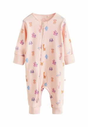 Light pink baby onesie made of soft fabric, featuring various small animal patterns in purple, blue, and orange. Front zip closure, cuffed sleeves.