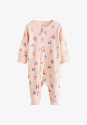 Világos rózsaszín babaruházat, puha anyagból készült, különböző apró állatmintákkal lila, kék és narancssárga színekben. Elülső cipzáras záródás, mandzsettás ujjak.