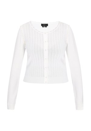 Cardigan blanco con mangas largas y un escote redondo. Presenta rayas verticales de punto y botones de perla en la parte delantera. Textura suave.