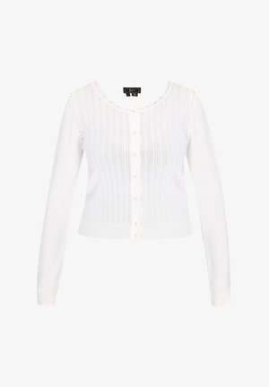 Cardigan blanco con mangas largas y un escote redondo. Presenta rayas verticales de punto y botones de perla en la parte delantera. Textura suave.