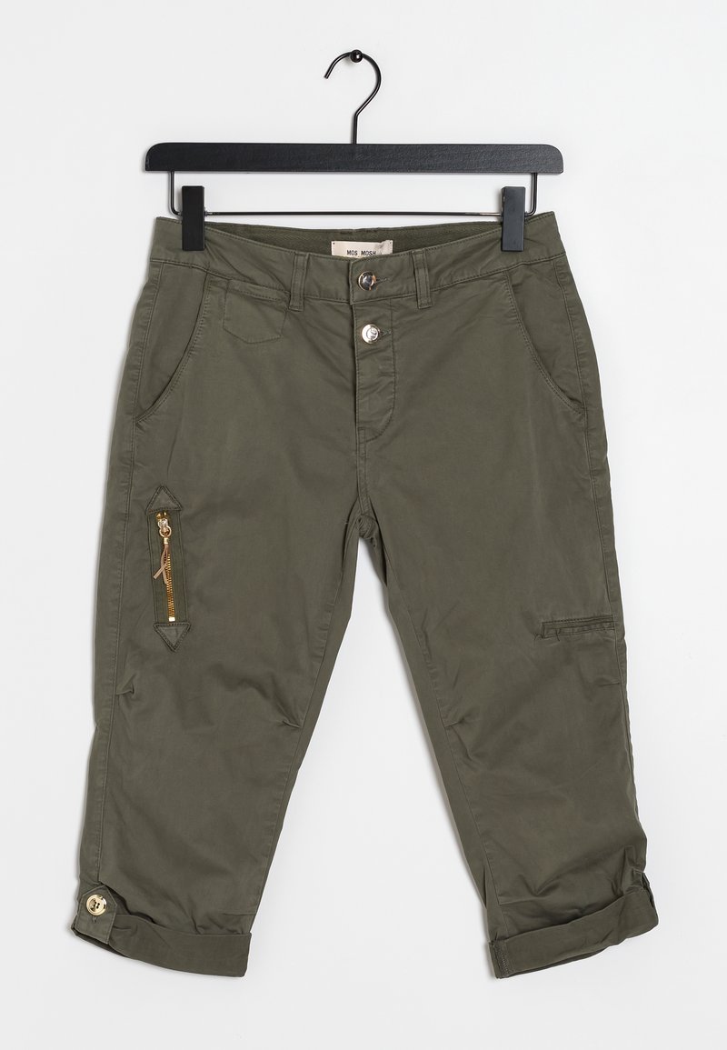 Olivgröna cropped byxor med en dragkedjeförsedd sidoficka, knappstängning och uppvikta muddar. Tillverkade av lätt tyg med jämn textur.