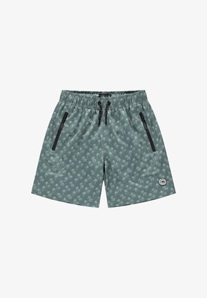 Groen gebloemde zwembroek met een ontwerp van een palmboom, elastische tailleband met trekkoord en twee zakken aan de zijkant met rits.