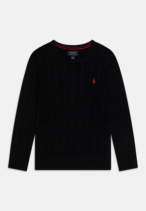 Zwarte kabelgebreide trui met lange mouwen, geribde boorden en zoom, met klein rood Polo Ralph Lauren-logo op de borst.