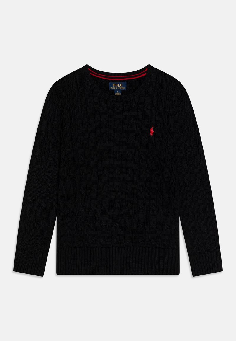 Pull noir en maille torsadée avec manches longues, poignets et ourlet côtelés, et petit logo rouge Polo Ralph Lauren sur la poitrine.