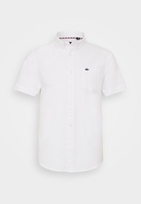 Biała koszula zapinana na guziki z krótkim rękawem i kołnierzykiem, z przednią kieszenią oraz małym niebieskim logo korony na klatce piersiowej. Wykonana z bawełny.