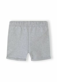 Pantalones cortos de algodón gris claro con cintura elástica y dobladillos enrollados, diseñados para un uso casual.