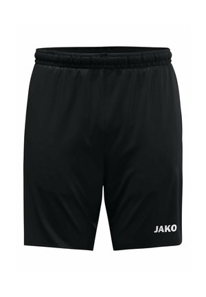 Pantalones cortos deportivos negros con cintura elástica y logo blanco de JAKO en la parte inferior de la pierna derecha, mostrados sobre un fondo blanco liso.