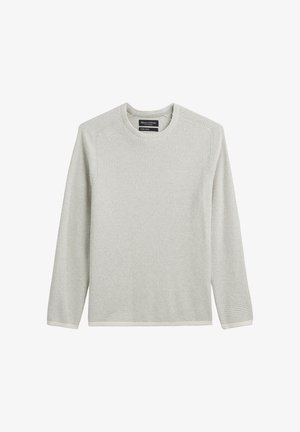Hellgrauer Rundhalsausschnitt-Pullover mit strukturiertem, geripptem Muster. Hat lange Ärmel und ein einfaches, schnörkelloses Design. Keine Verzierungen.