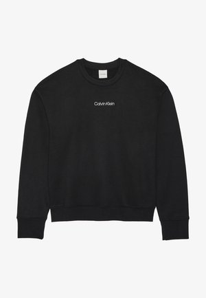 Svart langermet genser med rund hals og "Calvin Klein"-logo midt på brystet i hvit tekst.