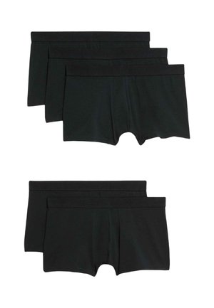 Zwarte katoenen boxershorts met een zachte elastische tailleband, korte lengte en een gladde textuur. Vijf paar gerangschikt in twee rijen.