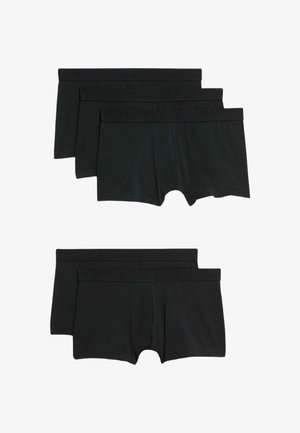 Černé bavlněné boxerky s měkkým elastickým pasem, krátkou délkou a hladkým povrchem. Pět kusů uspořádaných do dvou řad.