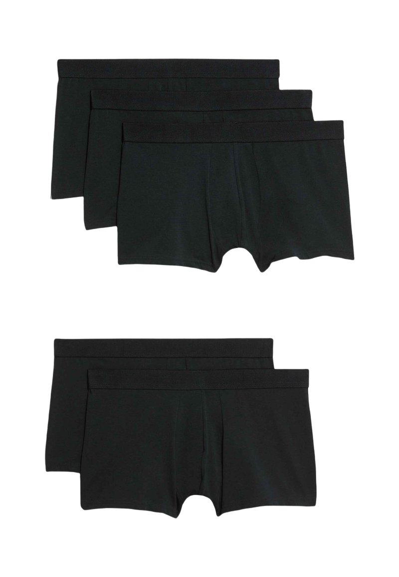 Bóxer de algodón negro, con una suave cinturilla elástica, de corta longitud y textura suave. Cinco pares dispuestos en dos filas.