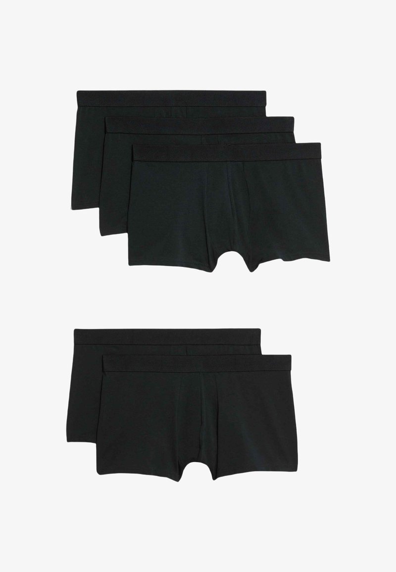 Bóxer de algodón negro, con una suave cinturilla elástica, de corta longitud y textura suave. Cinco pares dispuestos en dos filas.