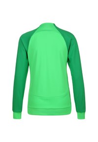 Sudadera verde con una textura suave, mangas raglán y un diseño liso. Presenta acentos en verde más oscuro en los hombros y las mangas.