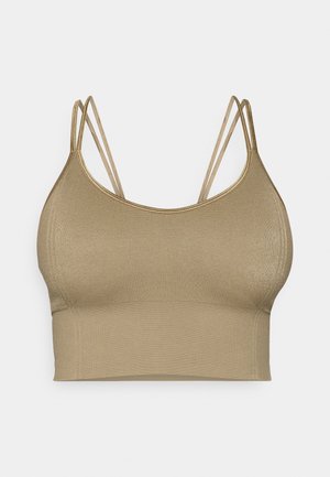 Khaki sports bra with thin, layered straps; smooth texture and seamless design; elastic band at the bottom for support.