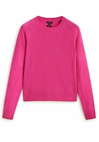 Pull en tricot rose avec des manches longues, col et ourlet côtelés. Texture lisse, design classique à col rond et manches raglan.