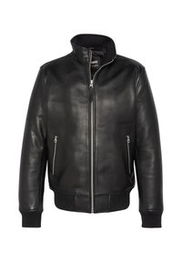 Schwarze Lederjacke mit Reißverschluss, gerippten Manschetten und zwei Reißverschlusstaschen. Hat einen hohen Kragen und eine glatte Textur.